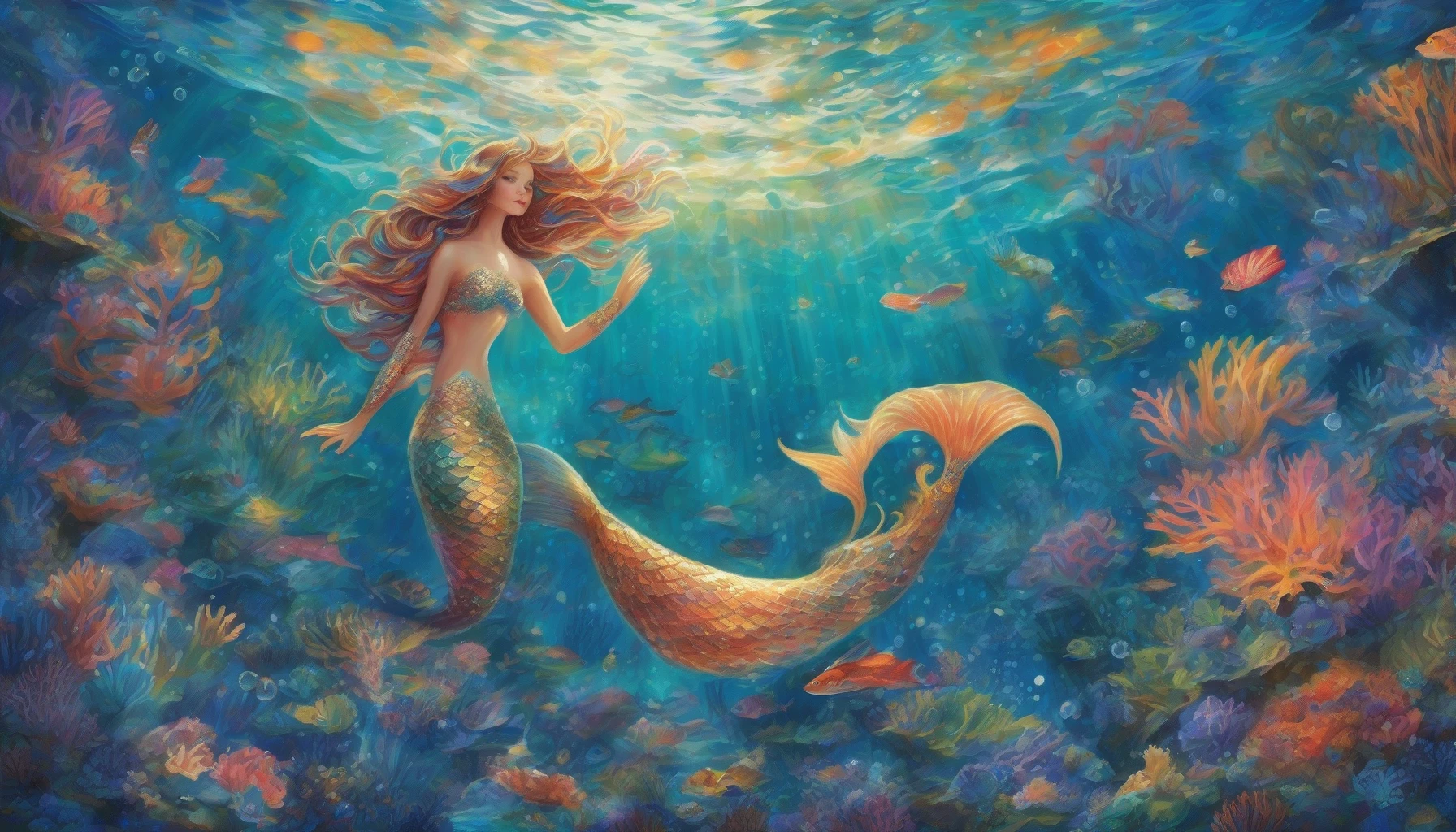 Imagine a mesmerizing underwater scene where a majestic mermaid glides gracefully through coral gardens, her shimmering tail adorned with iridescent scales that catch the light like diamonds. The ocean is alive with vibrant colors: schools of fish darting, rays of sun filtering through the water, and bubbles rising in soft swirls. The mermaid's hair flows like seaweed, dancing amidst the enchanting backdrop of a hidden aquatic paradise.