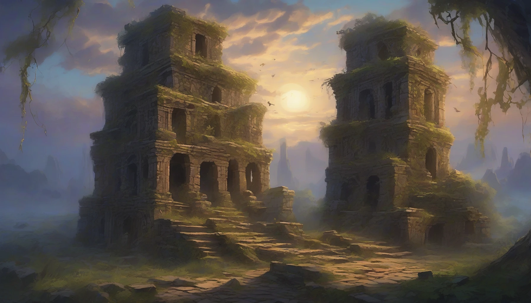 Imagine a breathtaking scene where crumbling stone structures from a forgotten civilization stand tall against a twilight sky, illuminated by an otherworldly glow. Vines crawl over the weathered stones, and shimmering energy pulses from intricate carvings. Wisps of luminous mist swirl around the ruins, hinting at untold secrets waiting to be discovered. The air is thick with mystery, inviting adventurers to explore this enchanting, enchanted landscape.