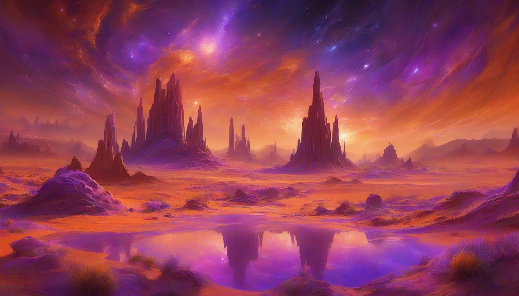 Envision a vast alien desert bathed in vibrant hues of orange and purple under a swirling, star-filled sky. Towering crystalline structures rise dramatically from the golden sands, their sharp edges reflecting the light of multiple moons. Mesmerizing patterns of luminescent flora weave through the landscape, adding a surreal charm. In the distance, a shimmering oasis beckons, promising life amidst the otherworldly desolation.