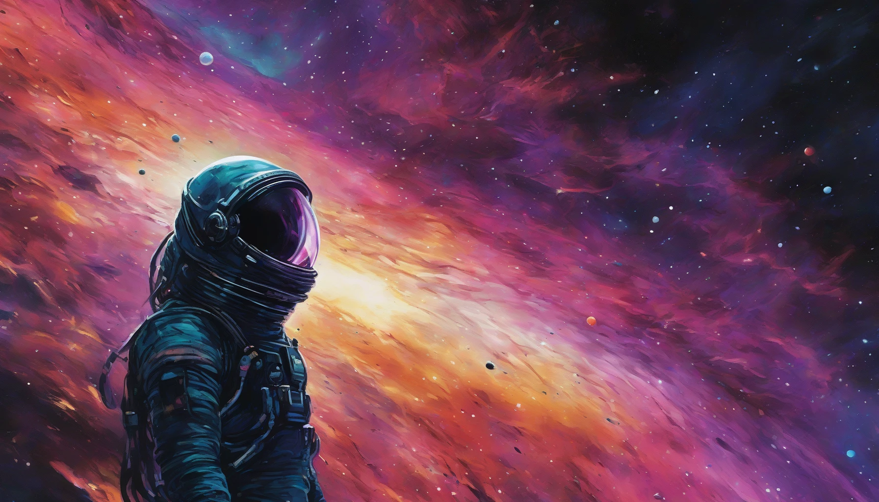 A lone space explorer drifts through the vast expanse of the dark universe, their damaged spacesuit reflecting the distant starlight. Torn fabric flutters against the emptiness, while a cracked visor reveals a determined gaze. Nebulas swirl in vibrant colors behind them, contrasting the dark void. The explorer reaches out, as if trying to grasp an unseen connection amidst the desolation, embodying the spirit of resilience and the quest for knowledge.