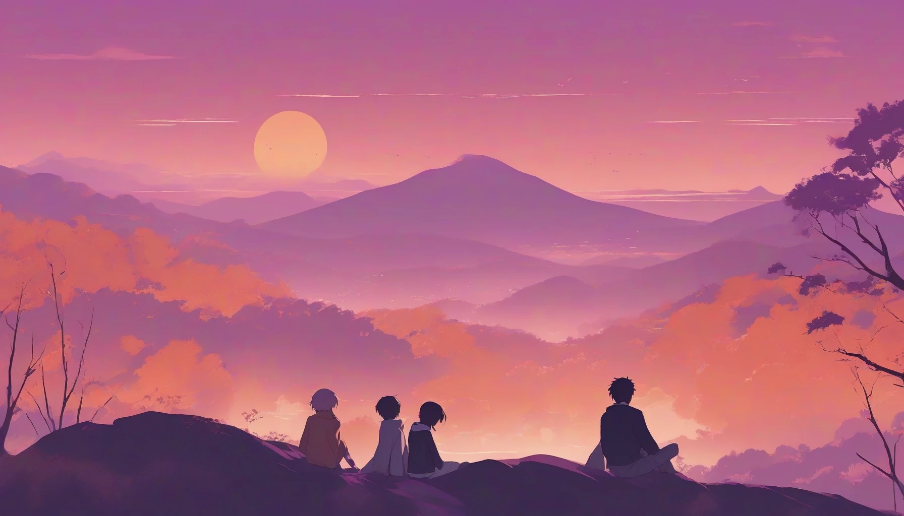 Create a captivating scene featuring a serene landscape with minimalist anime characters, using flat colors and clean lines. Imagine a tranquil evening, where two friends sit atop a hill, gazing at the sunset. The sky is a gradient of warm oranges and purples, while the characters, adorned in simple yet stylish outfits, embody a sense of peace and connection, surrounded by gently swaying grass and distant mountains.