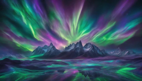 A mesmerizing display of vibrant auroras intertwines in the night sky, creating intricate geometric patterns that dance and shimmer. Neon greens, purples, and blues swirl together, illuminating the dark canvas above. Each shape pulsates with energy, as if the cosmos is celebrating in a celestial ballet. Below, a tranquil landscape mirrors this ethereal spectacle, enhancing the dreamlike quality of this cosmic event.