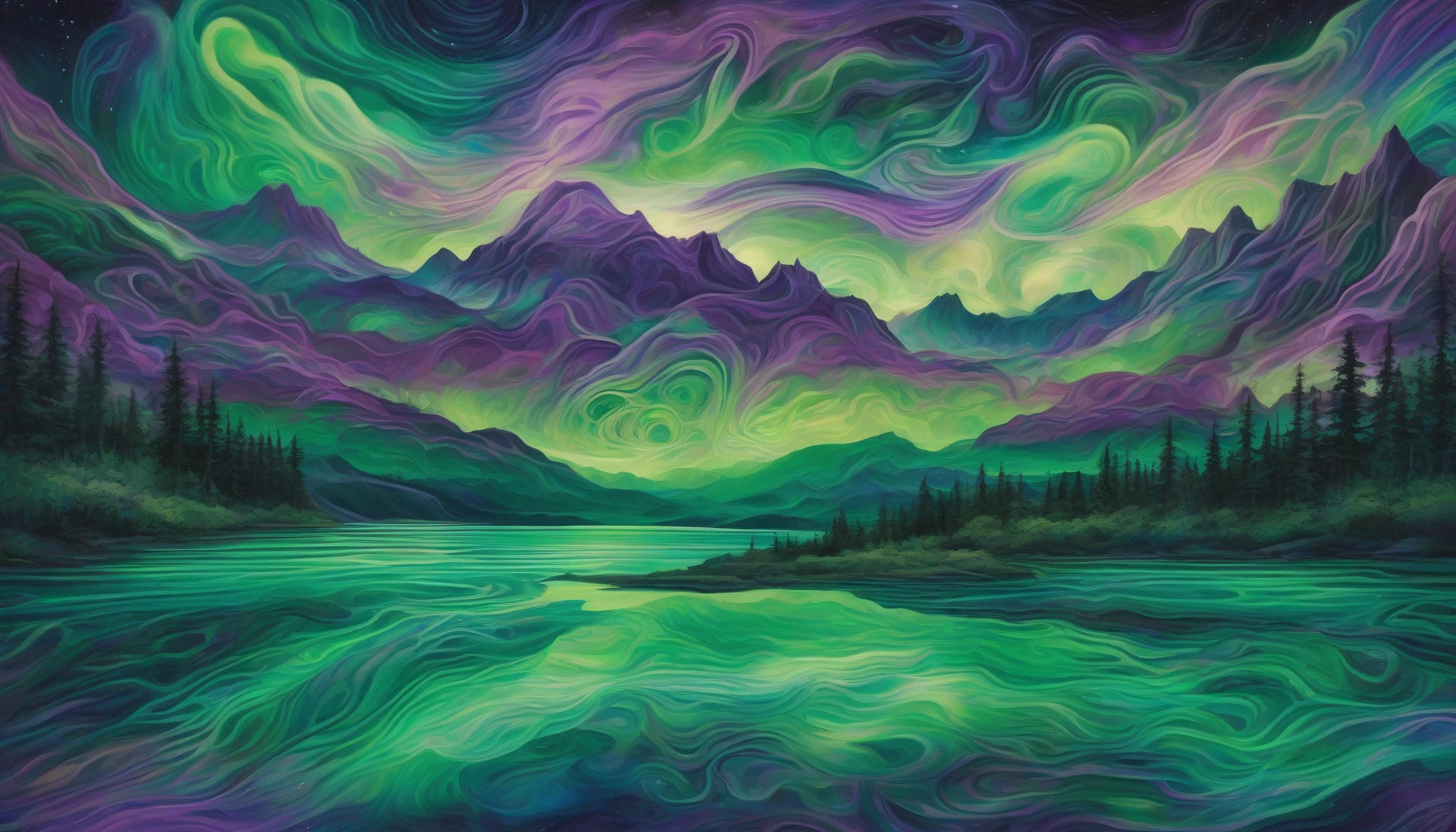 Imagine a stunning night sky where vibrant auroras dance in hues of emerald green and deep violet, intertwining with intricate geometric patterns. Each swirl and line captures the ethereal beauty of nature, creating a harmonious blend of organic flow and structured symmetry. The landscape below reflects these celestial wonders, with shimmering lakes mirroring the vibrant colors, inviting viewers to immerse themselves in this enchanting, otherworldly scene.