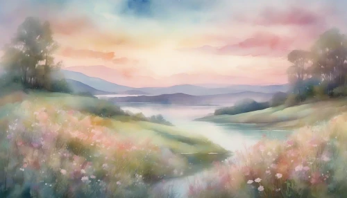 Create a mesmerizing scene that captures the essence of a dreamlike landscape, infused with soft, flowing watercolor techniques. Picture rolling hills bathed in pastel hues, where ethereal clouds drift above a tranquil lake mirroring the colors of the sky. Delicate wildflowers dot the foreground, their colors bleeding into the lush greenery, inviting viewers to lose themselves in this serene, otherworldly vista.