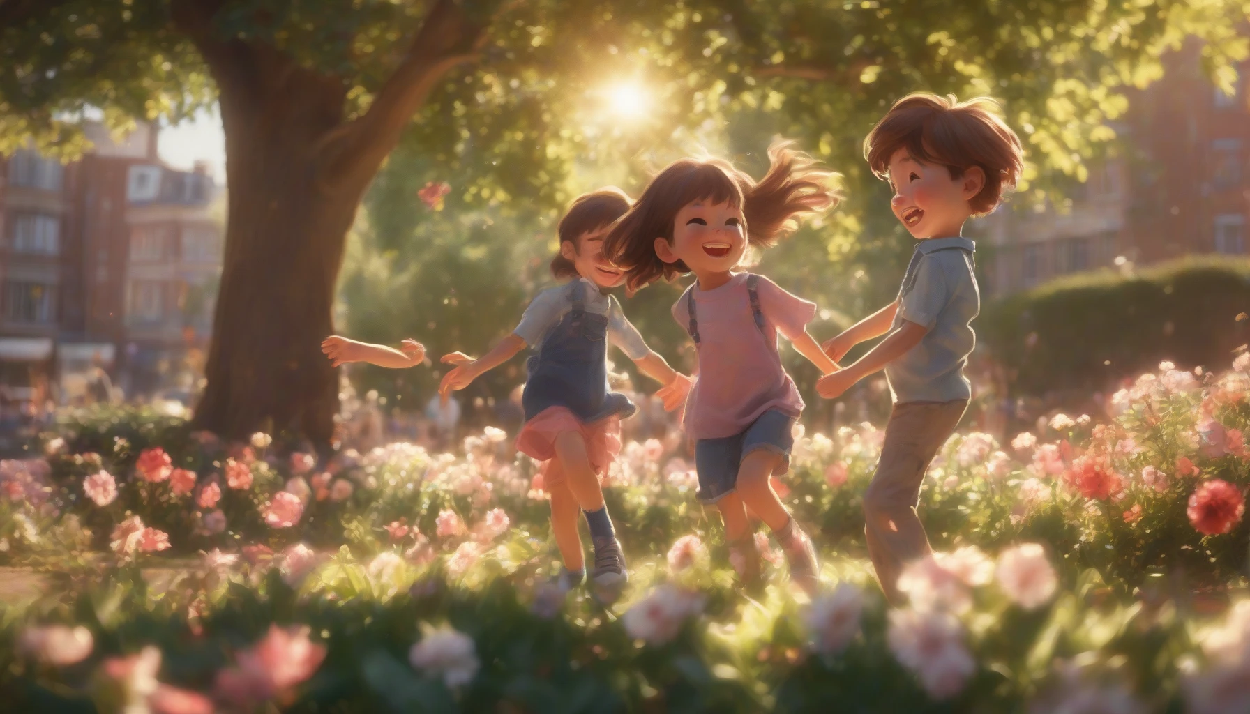 Capture a vibrant scene where two childhood friends, a boy and a girl, playfully engage in a light-hearted teasing session in a sunlit park. Their expressions are filled with joy and mischief as they chase each other around a blooming flower bed. Dappled sunlight filters through the trees, casting playful shadows, while their laughter echoes in the air, evoking nostalgia for carefree moments of youth.