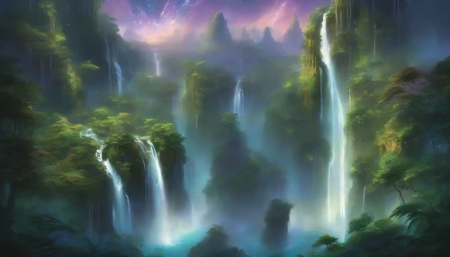 Envision a breathtaking scene of ethereal islands suspended in an infinite void, each adorned with mesmerizing waterfalls cascading from their edges. Lush greenery flourishes atop the islands, contrasting sharply with the deep, starry abyss below. The waterfalls shimmer with iridescent colors, reflecting the light of distant celestial bodies, creating a dreamlike atmosphere. Wisps of mist rise from the falls, merging with the cosmic backdrop in a captivating spectacle.