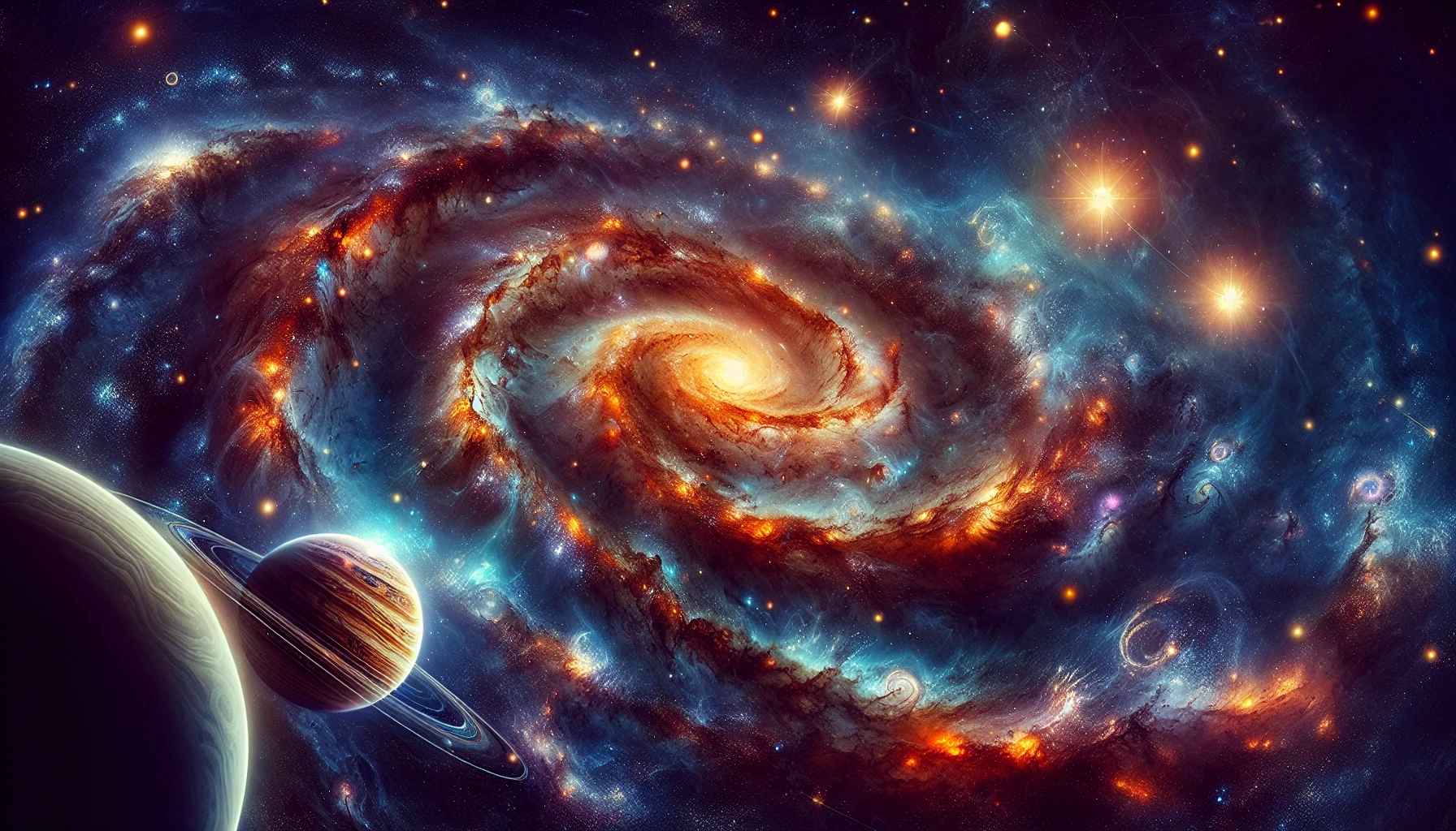 Imagine a celestial landscape where vibrant nebulae swirl in shades of deep blue and fiery orange, illuminated by twinkling stars scattered across the vastness of space. In the foreground, a colossal galaxy spirals with intricate detail, its arms stretching out like cosmic tendrils. Ethereal planets, adorned with rings and luminous atmospheres, dance gracefully in orbit, creating a harmonious blend of the universe’s wonders, inviting the viewer to explore the mysteries of the cosmos.