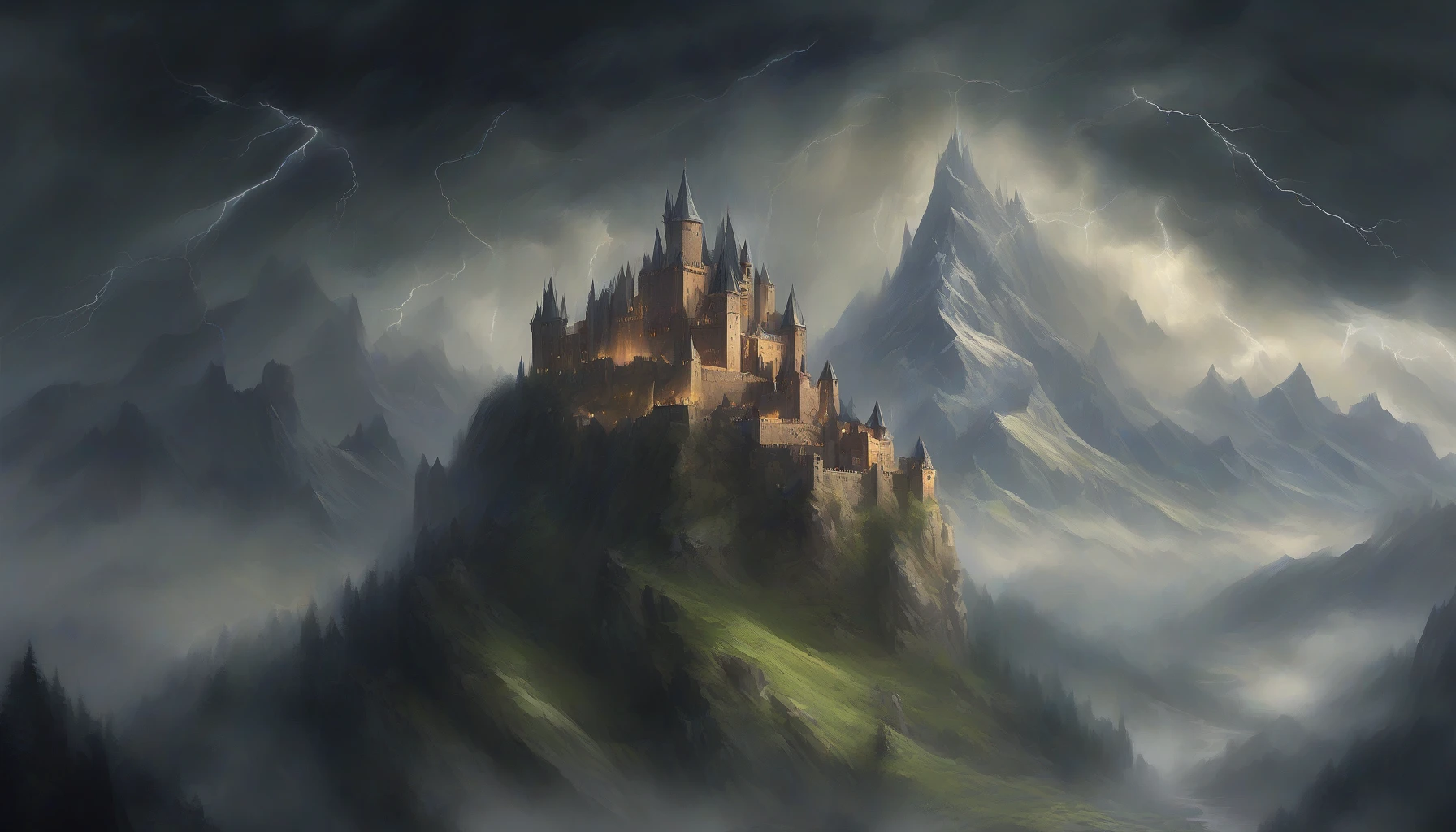 A majestic castle drifts amidst dark, swirling storm clouds, illuminated by flashes of lightning that reveal its intricate spires and majestic architecture. Winds howl as the castle's banners flutter fiercely, while sheets of rain cascade around it, creating a mystical aura. In the distance, jagged mountain peaks emerge from the mist, enhancing the sense of isolation and wonder, evoking a realm caught between chaos and enchantment.