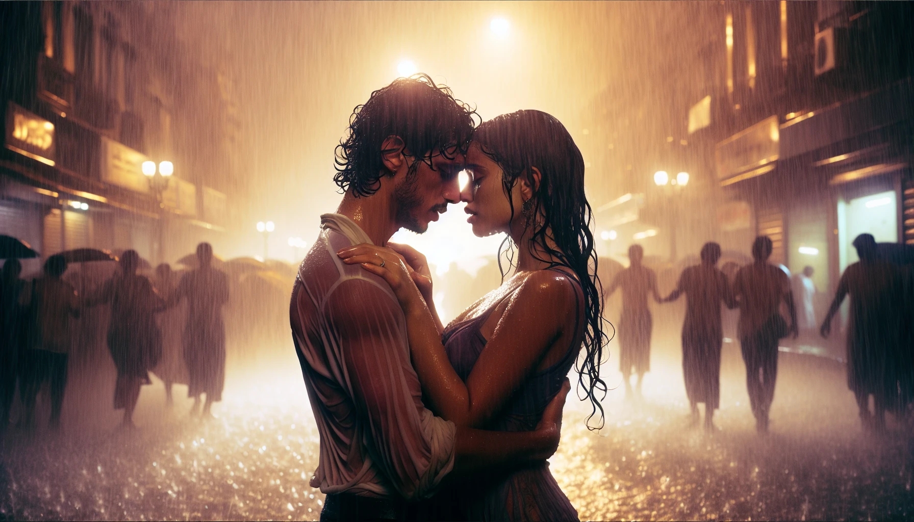 In a bustling city street, two figures embrace tightly under a torrential downpour. Their faces, illuminated by soft streetlights, express a whirlwind of emotions—joy, relief, and longing. Raindrops cascade around them, blurring the world into a dreamy haze, while their clothes cling to their bodies, soaked but irrelevant in the moment. This poignant scene captures the intensity of love rekindled against the backdrop of a stormy sky.