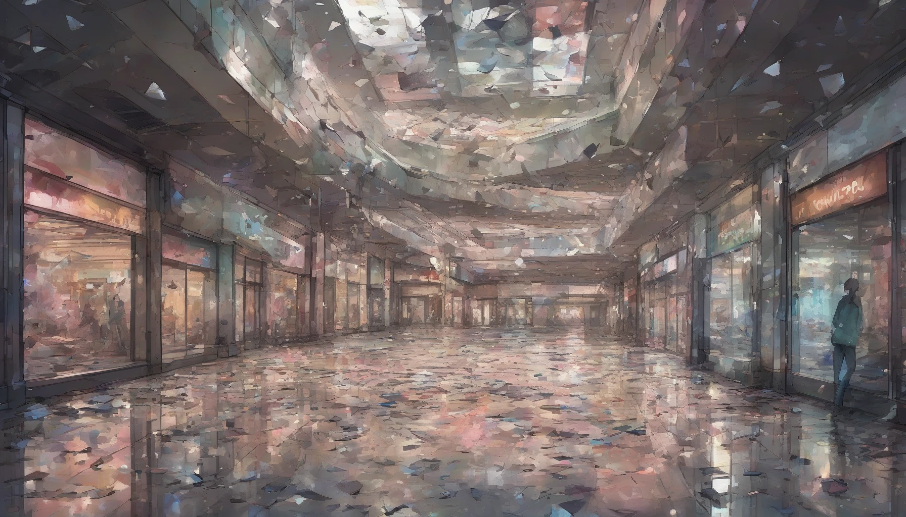 In an eerie, desolate mall, shattered glass glimmers like jagged stars strewn across the floor, while remnants of vibrant storefronts fade into stark shadows. Debris lies scattered, whispering tales of a bustling past, and fluorescent lights flicker in ghostly rhythm. The air hangs heavy with silence, and the distant echo of footsteps seems to linger, haunting the corridors of lost commerce and forgotten dreams.