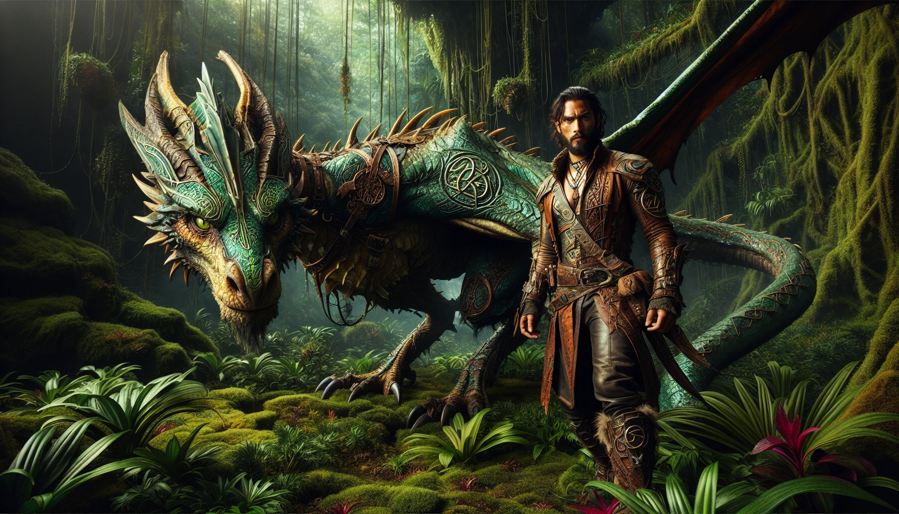 In a lush, enchanted forest, a fierce beast tamer stands proudly, clad in rugged leather armor, with intricate runes etched into the fabric. Beside them, a magnificent dragon, scales shimmering in hues of emerald and gold, spreads its massive wings. The bond between them is palpable, exuding trust and strength. Wild flora surrounds them, and the air is filled with the scent of magic, hinting at countless adventures ahead.