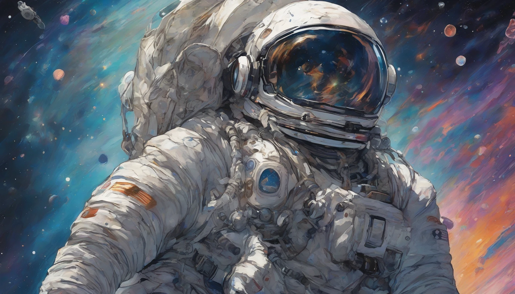 A brave astronaut drifts through the cosmos, encapsulated in a damaged, battered spacesuit that hints at countless adventures and near escapes. The helmet’s visor reflects distant galaxies and swirling nebulae, while scars and tears in the fabric reveal the harsh realities of space travel. Twinkling stars surround the figure, illuminating their defiance and resilience in the face of the universe’s vastness and danger.