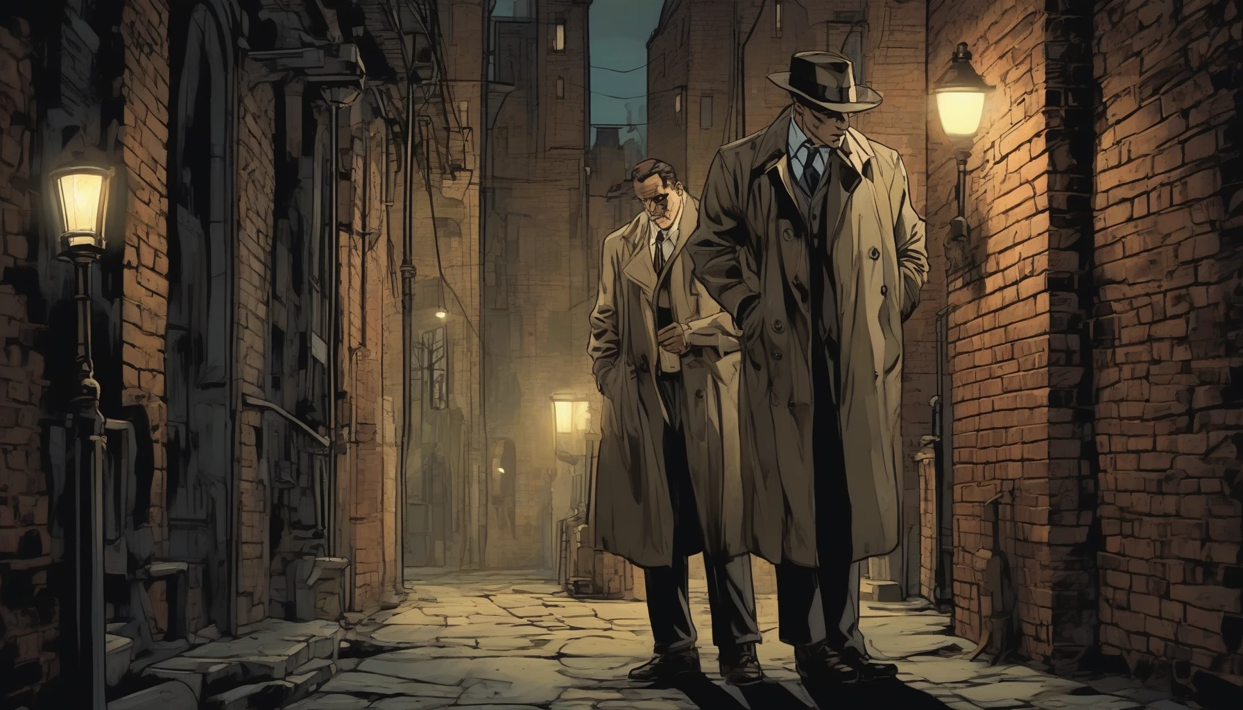 In a dimly lit alleyway, a classic detective clad in a worn trench coat leans against a brick wall, clutching a gleaming magnifying glass. The glow of a nearby streetlamp highlights the deep lines of concentration on his face as he examines a cryptic clue. Shadows dance around him, hinting at secrets hidden in the darkness, while the faint echo of distant footsteps adds an air of suspense.