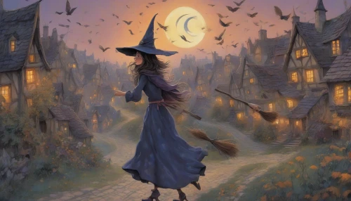 Picture a clumsy witch, her mismatched clothes fluttering in the wind as she clings to a brightly colored broomstick. Her pointed hat, slightly askew, is adorned with a crooked feather that dances with each gust. Below, a bustling village fades into twilight as she veers off course, scattering enchanted sparkles. The moon casts a silvery glow, illuminating her playful mishaps in a charmingly chaotic night sky.