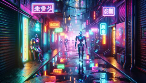 Step into a vibrant cyberpunk alley illuminated by a kaleidoscope of neon signs. Glistening puddles reflect the colorful advertisements while prismatic robots dart between the shadows, their sleek designs shimmering under the artificial lights. A distant hum of technology fills the air, blending with the chatter of passersby, creating an immersive urban symphony. The atmosphere buzzes with intrigue, hinting at hidden stories waiting to unfold.