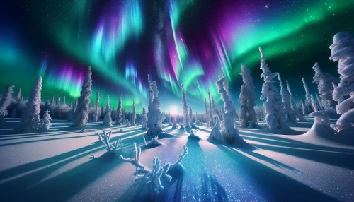 A vast, untouched snowfield glistens under the mesmerizing dance of vibrant auroras that swirl in hues of green, purple, and blue. The moonlight casts a soft glow, creating a serene atmosphere where the crisp air is filled with the sound of gentle winds. In the foreground, delicate frost-covered trees lean towards the colorful sky, inviting the viewer to step into this enchanting winter wonderland.