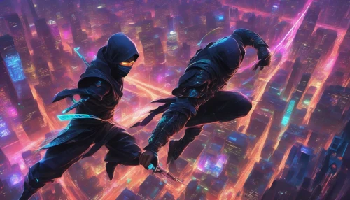 In a futuristic cityscape adorned with neon lights, a high-tech ninja stands poised for action. Clad in sleek, dark armor that reflects the vibrant city below, he wields twin blades that pulse with an ethereal glow. His intense gaze pierces through the shadows, as swirling holograms and digital patterns dance around him. The air crackles with energy, blending martial prowess with advanced technology in a captivating visual spectacle.