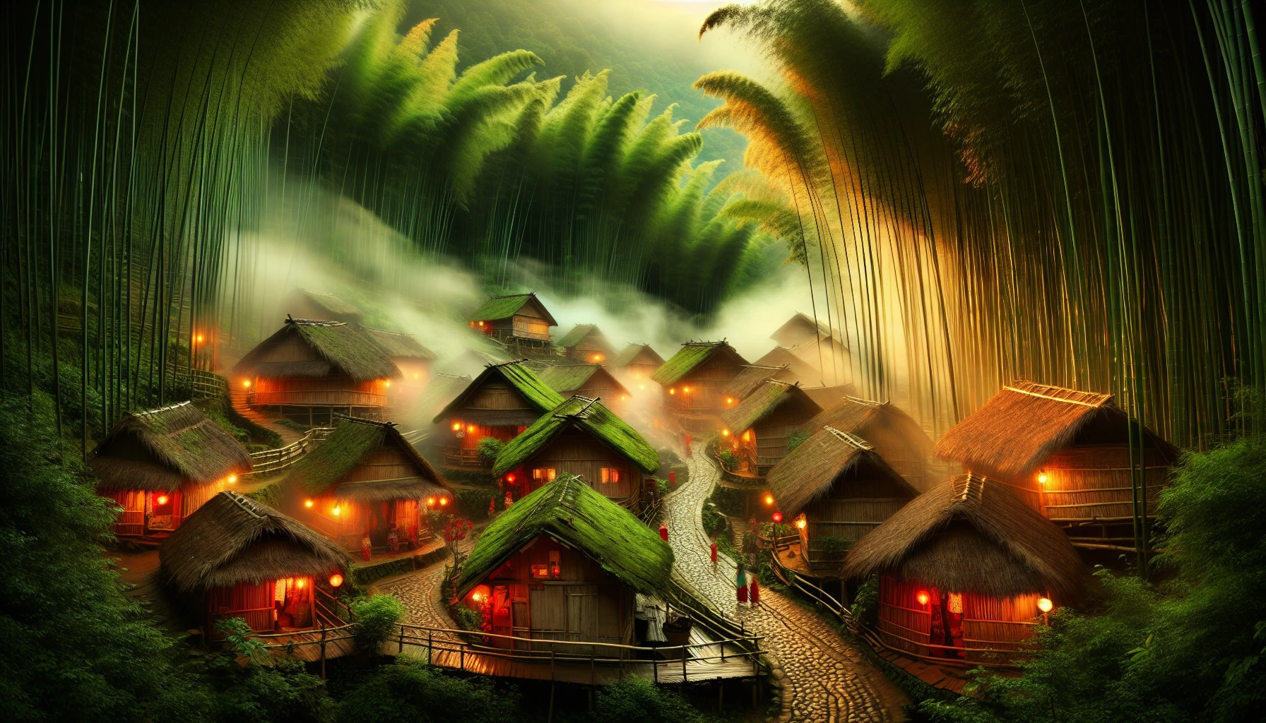 Envision a hidden village nestled deep within an enchanting bamboo forest. Towering green stalks sway gently in the breeze, creating a symphony of rustling leaves. Cobblestone paths wind through quaint wooden huts draped in vibrant red lanterns, while soft golden lantern light spills out from windows. Wisps of mist curl around the village as villagers clad in colorful garments go about their day, adding a touch of magic to this serene oasis.