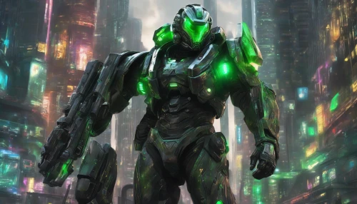 Futuristic Soldier in Power Armor    
Imagine a sleek, metallic soldier clad in advanced power armor, standing boldly against a dystopian cityscape. The armor gleams with a mix of chrome and matte black, featuring integrated energy shields shimmering faintly. Vivid green lights pulse rhythmically across the suit, highlighting its intricate design. In the background, towering skyscrapers engulfed in neon hues contrast with dark clouds, creating an atmosphere of tension and heroism as the soldier prepares for battle.