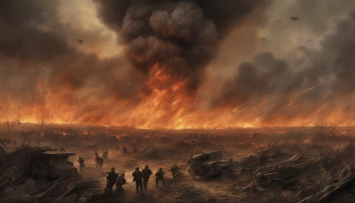 In the heart of a devastated battlefield, a colossal explosion erupts, casting an ominous glow across the smoky horizon. Debris and flames spiral into the sky, illuminating the silhouettes of weary soldiers caught in the chaos. The ground quakes with ferocity, and shockwaves ripple outward, distorting the landscape. Amidst the firestorm, the determination in the eyes of the combatants shines through, embodying resilience against all odds.