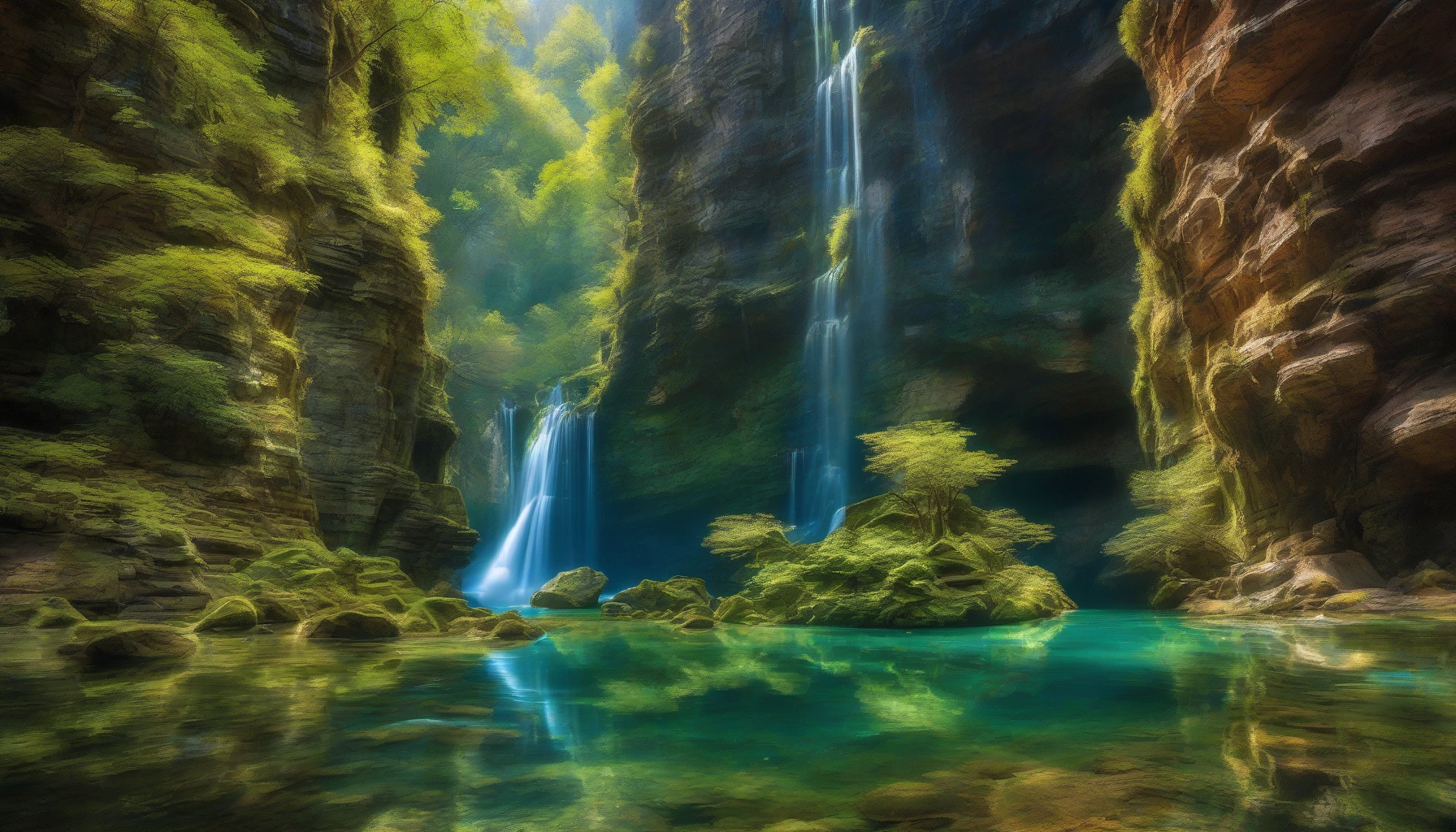 A breathtaking scene unfolds with a crystal-clear river winding through a majestic canyon, its azure waters reflecting the sunlight like scattered diamonds. Towering rock formations, adorned with vibrant moss and cascading vines, frame the riverbanks, creating a natural amphitheater of color and texture. The soothing sounds of water gently flowing mingle with the rustling leaves, inviting viewers to immerse themselves in this tranquil oasis of nature’s artistry.