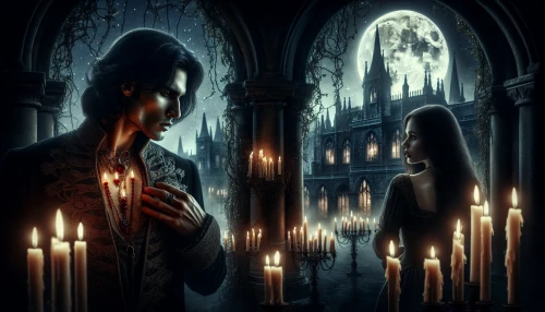 A hauntingly beautiful gothic castle shrouded in mist stands under a full moon, its ancient stone walls adorned with creeping vines. Within, a tragic vampire lord gazes longingly at a mortal woman, their eyes locking in a moment filled with yearning and forbidden love. Flickering candles cast dancing shadows, illuminating their entwined hands as echoes of timeless romance linger throughout the dark, mysterious halls.