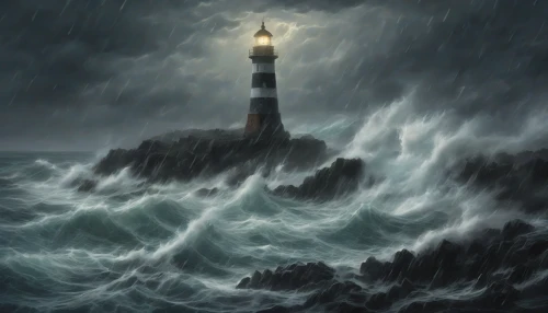 A fierce, turbulent ocean roars as dark, menacing waves crash against the rocky shore, their foamy crests glinting under a brooding sky. In the distance, a sturdy lighthouse stands tall, its beam slicing through the gloom, offering a beacon of hope. Raindrops scatter like jewels, and lightning forks illuminate the scene, heightening the drama of nature’s raw power against human resilience.