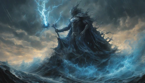 In a dramatic scene, a menacing figure stands on a crest, arms raised as dark clouds swirl ominously above. A powerful shockwave radiates outwards, distorting the environment, uprooting trees, and shattering glass. The ground trembles beneath the weight of pure malevolence, while electric blue sparks flicker within the wave, illuminating the villain’s sinister grin. The atmosphere crackles with tension, a foreboding harbinger of chaos.