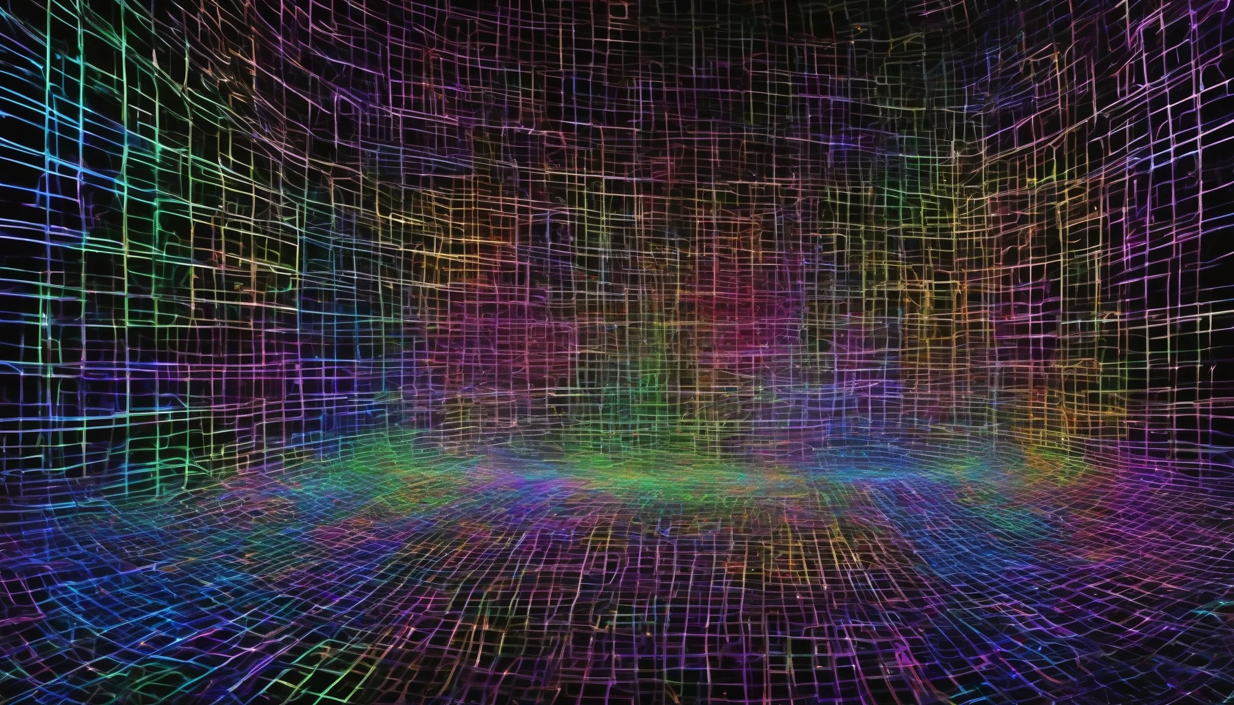 Imagine a mesmerizing grid of shimmering holographic data streams, pulsating with vibrant colors ranging from electric blues to neon greens. Each stream weaves through the grid, creating an intricate tapestry of light and information. The backdrop is a dark, cosmic expanse, enhancing the brilliance of the glowing streams. As the viewer’s gaze travels across the grid, the data appears to dance and shift, inviting exploration into a realm of digital wonder.