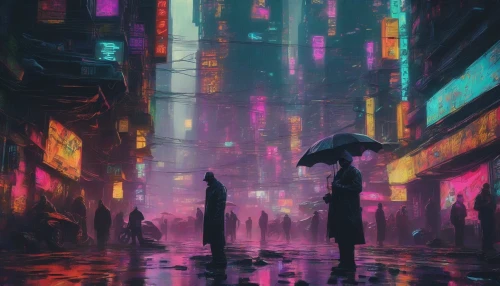 In a sprawling cyberpunk metropolis, adorned with neon lights and towering skyscrapers, a crime syndicate thrives amidst the chaos. The scene captures a shadowy alley, where masked figures exchange secretive deals beneath flickering holograms. Rain-soaked streets reflect the vibrant colors of the city, blending technology and danger. The air is thick with tension, as a looming drone surveys the underbelly of this electrifying urban world.