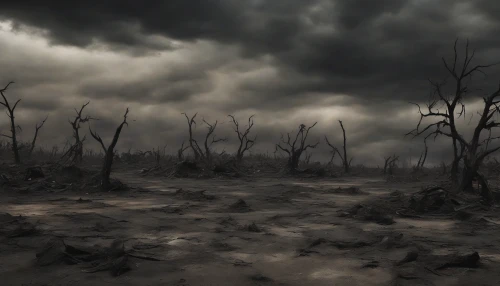 A haunting landscape of charred earth sprawls beneath a darkened sky, where remnants of an explosive event litter the ground. Fragments of debris, twisted metal, and scorched remnants tell the tale of destruction, contrasting against the eerie stillness. Ashen clouds swirl above, casting a muted glow that highlights the jagged silhouettes of what once stood tall. Nature's resilience battles against the scars of chaos, evoking a chilling sense of desolation.