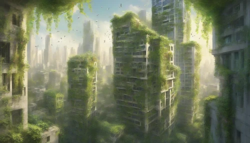 In a hauntingly beautiful scene, towering skyscrapers stand abandoned, their once-glimmering glass facades now shrouded in a vibrant tapestry of lush green vines and creeping foliage. Sunlight filters through cracks in the concrete, illuminating the delicate interplay between nature and architecture. Birds nest in the eaves, while wildflowers bloom in the shadows, creating a striking contrast that speaks to the resilience and power of nature reclaiming its territory.