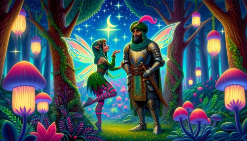 In a vibrant, fantastical landscape, two unlikely allies—an armored knight and a mischievous forest sprite—stand side by side, their contrasting appearances harmonizing against the backdrop of an enchanting forest filled with glowing flora. The knight's stern expression softens as the sprite playfully tugs at his cape, embodying their newfound friendship. Ethereal light filters through the trees, illuminating their shared determination to face an impending threat together.