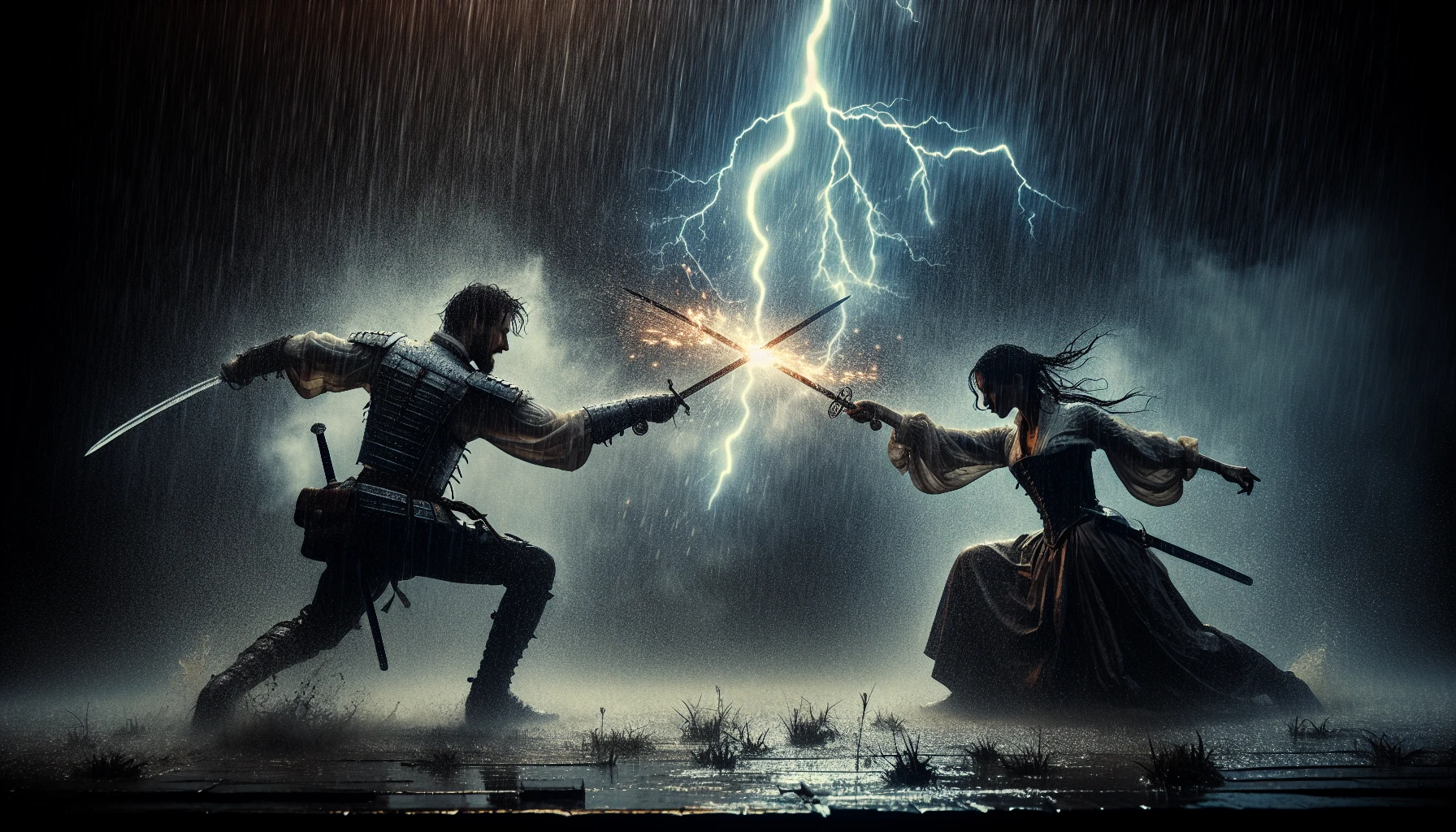 In a dramatic rainstorm, two master swordsmen clash amid sheets of torrential rain, their swords meeting with a resounding spark that electrifies the air. Each warrior is clad in traditional armor, water cascading off their bodies as they maneuver with fluid grace. The dark sky looms overhead, illuminated by flashes of lightning, casting an otherworldly glow on their fierce expressions, while the ground beneath them turns to a muddied battleground.