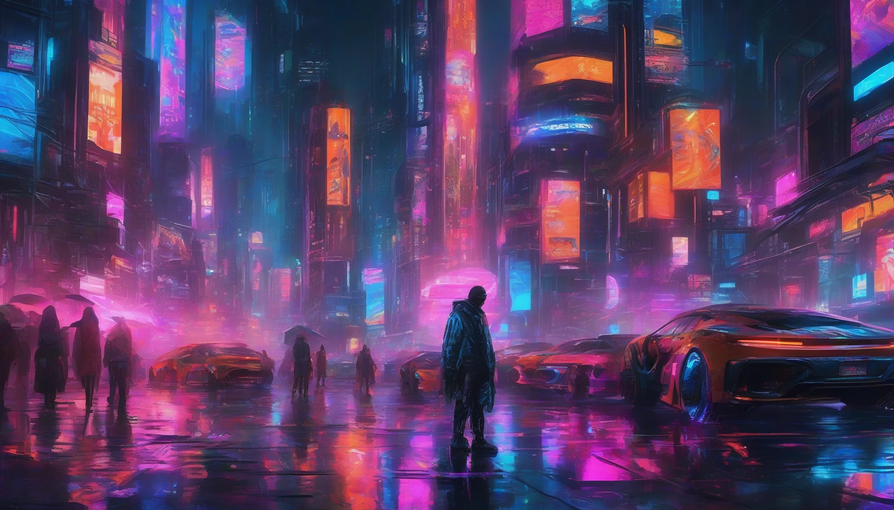 Immerse yourself in a bustling cyberpunk cityscape at night, where towering skyscrapers are adorned with vibrant neon lights in shades of electric blue, hot pink, and fiery orange. The streets are alive with holographic advertisements and the sounds of futuristic vehicles. Rain-soaked pavements reflect the dazzling colors, while shadowy figures clad in tech-enhanced attire navigate through the urban maze, creating a dynamic and atmospheric scene.