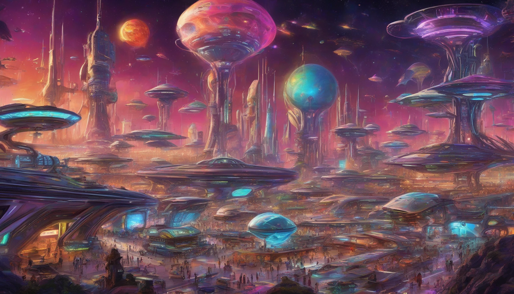 Imagine a vibrant alien spaceport teeming with an array of extraterrestrial species mingling amid dazzling spaceships of all shapes and sizes. Bright neon lights illuminate the bustling scene, while holographic signs advertise interstellar travel. Diverse beings, from towering, multi-eyed giants to tiny, shimmering entities, engage in lively exchanges, creating an atmosphere filled with excitement and wonder. Above, a kaleidoscope of spacecraft takes off into the cosmic abyss, leaving trails of stardust.