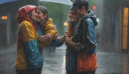 Picture a poignant scene where two long-lost friends finally reunite in a downpour. Their tear-streaked faces reflect a whirlwind of emotions as they embrace tightly amidst cascading raindrops. The gray clouds overhead contrast with the vibrant colors of their rain-soaked clothing, while puddles gather at their feet, mirroring the joy and sorrow of the moment. The air is thick with nostalgia, love, and raw vulnerability.