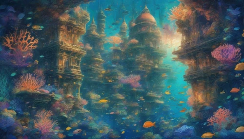 Dive into a mesmerizing underwater city, where intricate coral-built architecture glows with vibrant bioluminescent lights, illuminating the deep blue depths. Ethereal fish, adorned with radiant scales, swim gracefully among towering seaweed forests, while gentle waves ripple above. The structures, encrusted with colorful sea life, pulse with a soft, inviting glow, creating a breathtaking tapestry of light and color that enchants all who explore this aquatic wonderland.