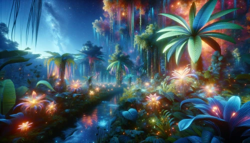 Imagine an otherworldly jungle teeming with vibrant, luminescent flora and fauna. Towering plants with glowing leaves stretch towards the starry sky, while bioluminescent creatures flit through the air, illuminating the dense underbrush with a magical sheen. Exotic flowers pulse with colors beyond the visible spectrum, and mysterious, shimmering pools reflect the surreal landscape, creating an enchanting habitat that feels both alive and inviting.