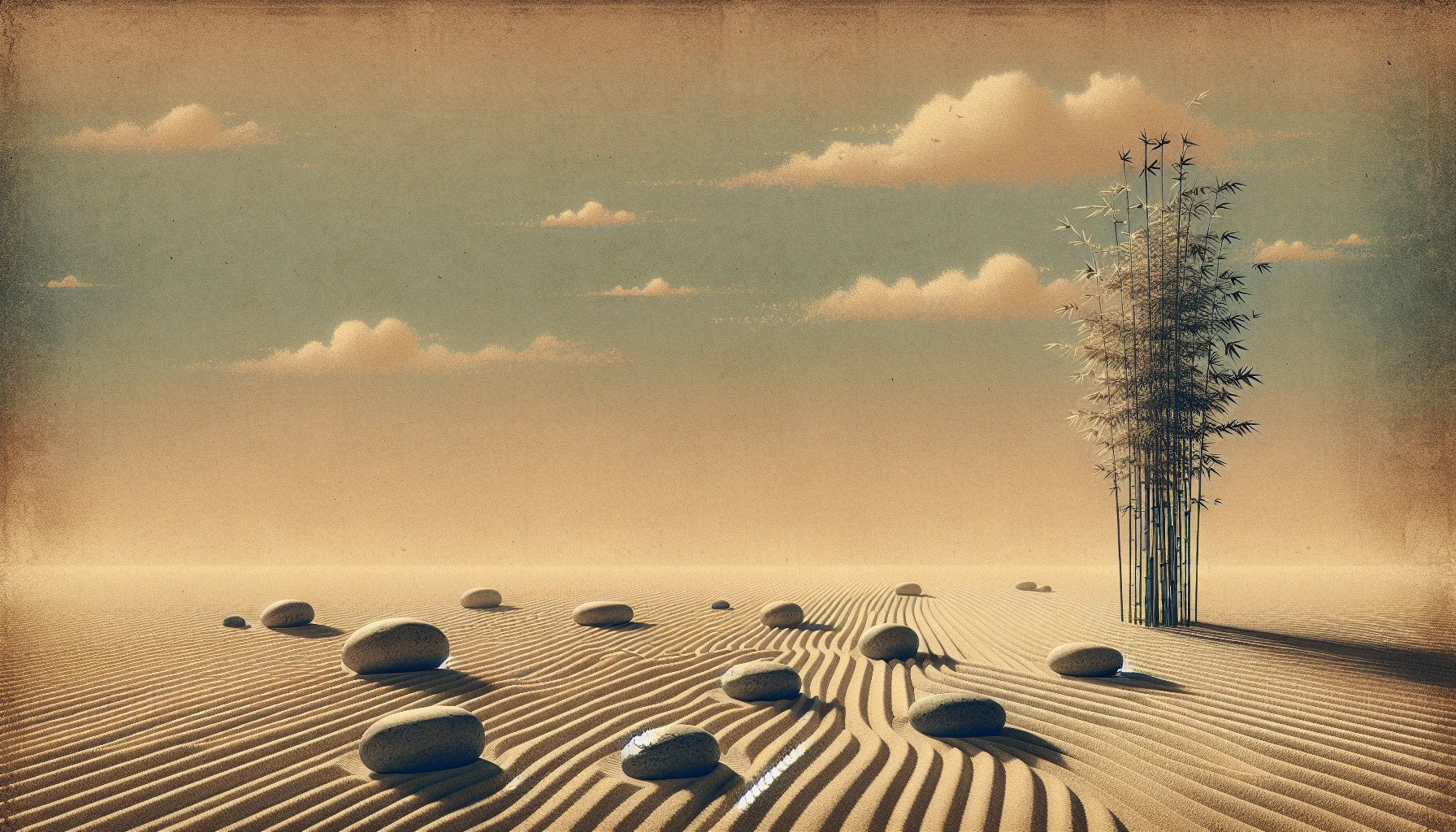 A serene landscape showcasing a tranquil Zen garden, where smooth stones rest gently atop raked sand patterns, evoking calmness. A single bamboo plant stands tall in the corner, symbolizing resilience and simplicity. Soft, diffused sunlight filters through wispy clouds, casting gentle shadows that dance upon the ground. The colors are muted earth tones, inviting viewers to immerse themselves in a peaceful, contemplative atmosphere.