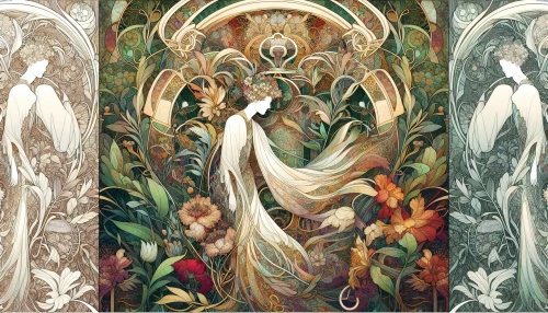 Depict a mesmerizing Art Nouveau scene where intricate floral patterns intertwine with soft, flowing lines. A graceful figure adorned in delicate, flowing garments stands amidst vibrant flowers and swirling vines, all richly colored in shades of green, gold, and deep crimson. The background features ornate architectural elements, highlighting the harmony between nature and design, creating an enchanting atmosphere that celebrates the beauty of this artistic movement.