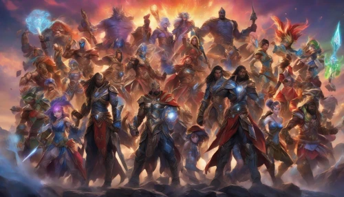 A magnificent ensemble of diverse heroes stands together in powerful battle poses, their eyes fierce with determination. Clad in vibrant, intricately designed costumes, each hero showcases their unique abilities through glowing weapons and elemental auras. The backdrop features a twilight sky, casting a dramatic light on their figures. Their united front exudes strength and resilience, ready to face any adversary that dares to challenge them.