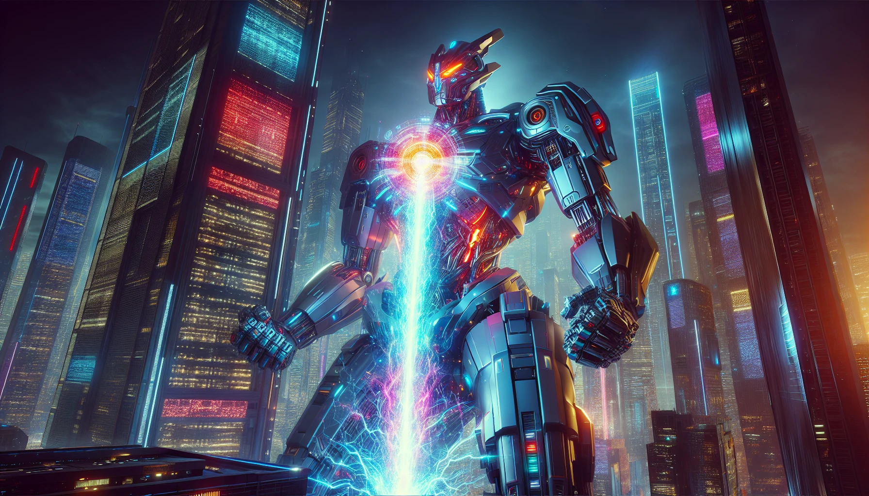 In a futuristic cityscape, a colossal robot towers over skyscrapers, its metallic body gleaming under the neon lights. Charging up for a massive energy beam, its glowing core pulsates with vibrant colors. The atmosphere crackles with power as the robot's arm extends toward the sky, unleashing a dazzling beam of energy that illuminates the night, creating a breathtaking contrast against the darkness and chaos below.