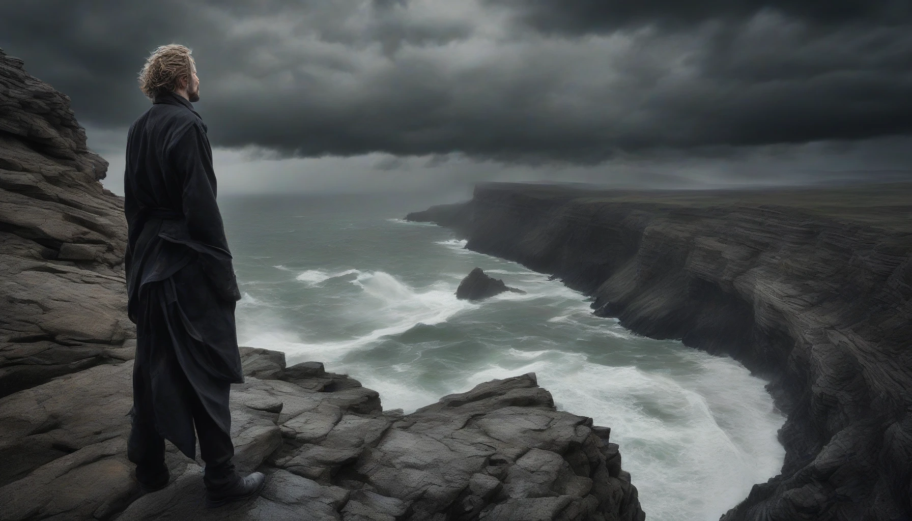 Capture the raw intensity of a person standing at the edge of an imposing cliff, their eyes focused and filled with unwavering resolve. The backdrop features a stormy sky, dark clouds swirling ominously, hinting at the formidable challenge ahead. The wind tousles their hair, and a hint of defiance shines in their expression, conveying the essence of courage and readiness to conquer the impossible.