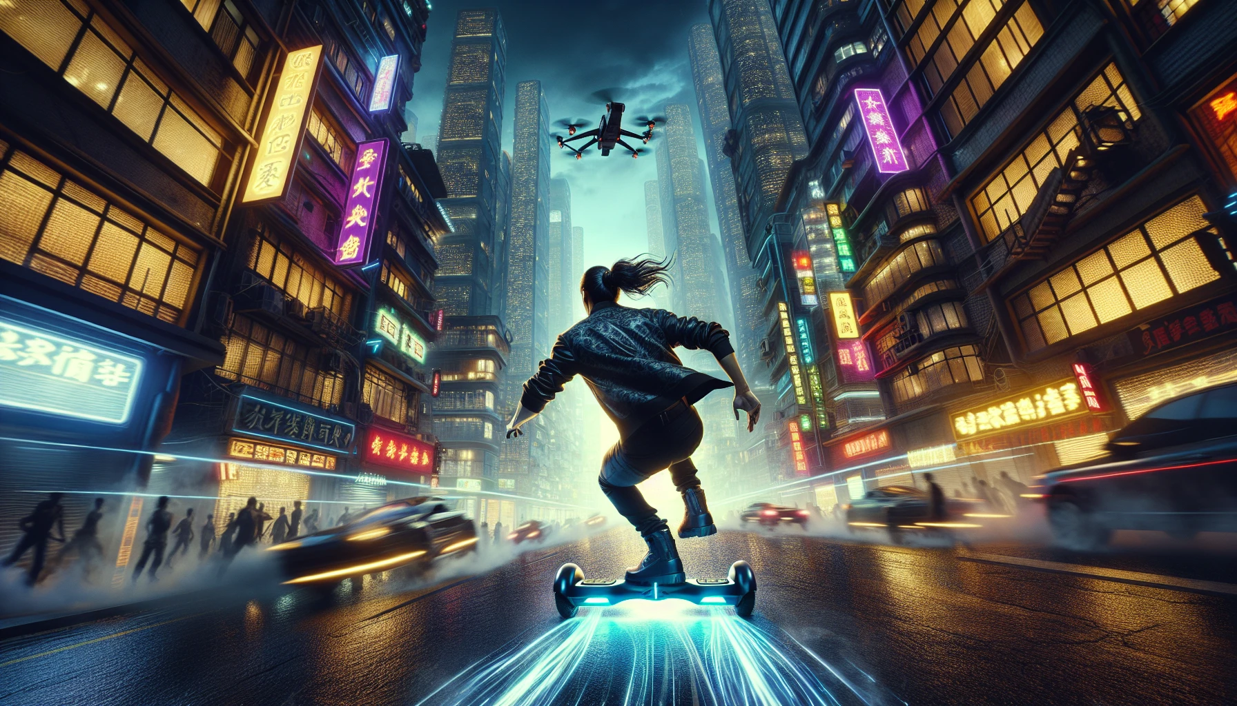 In a vibrant cityscape at dusk, a daring figure zips through neon-lit streets on a sleek hoverboard, radiating adrenaline and excitement. The wind rushes past, swirling their long hair while colorful trails of light blaze behind them. Above, drones capture the thrilling chase, weaving through skyscrapers as shadows dance on the pavement. The intense energy of pursuit is palpable, promising the ultimate urban adventure.