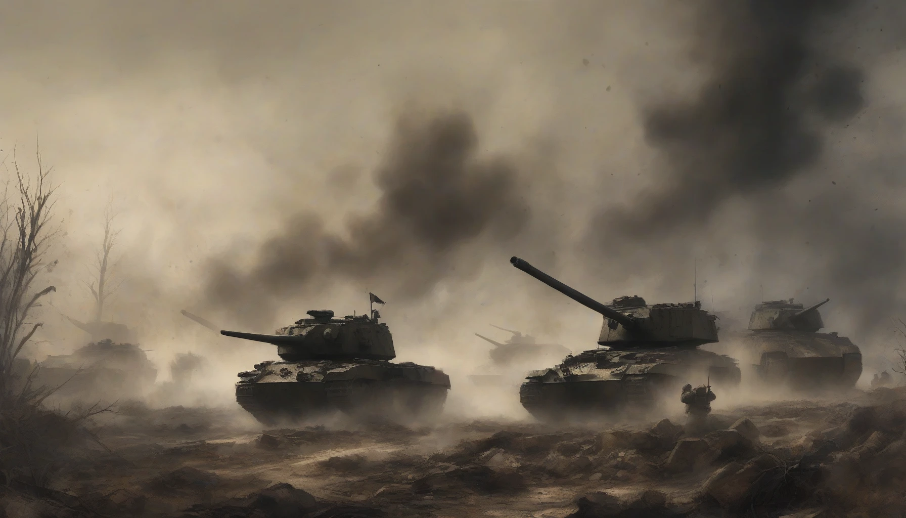 In a war-torn landscape shrouded in thick, swirling smoke, mighty tanks roll forward, their metal shells glinting under a hazy sky. The ground trembles with the roar of engines and the distant echoes of artillery fire. Soldiers move amid the chaos, their silhouettes barely visible through the haze, embodying courage and determination. The atmosphere is charged with tension, as history unfolds in a dramatic, relentless struggle.