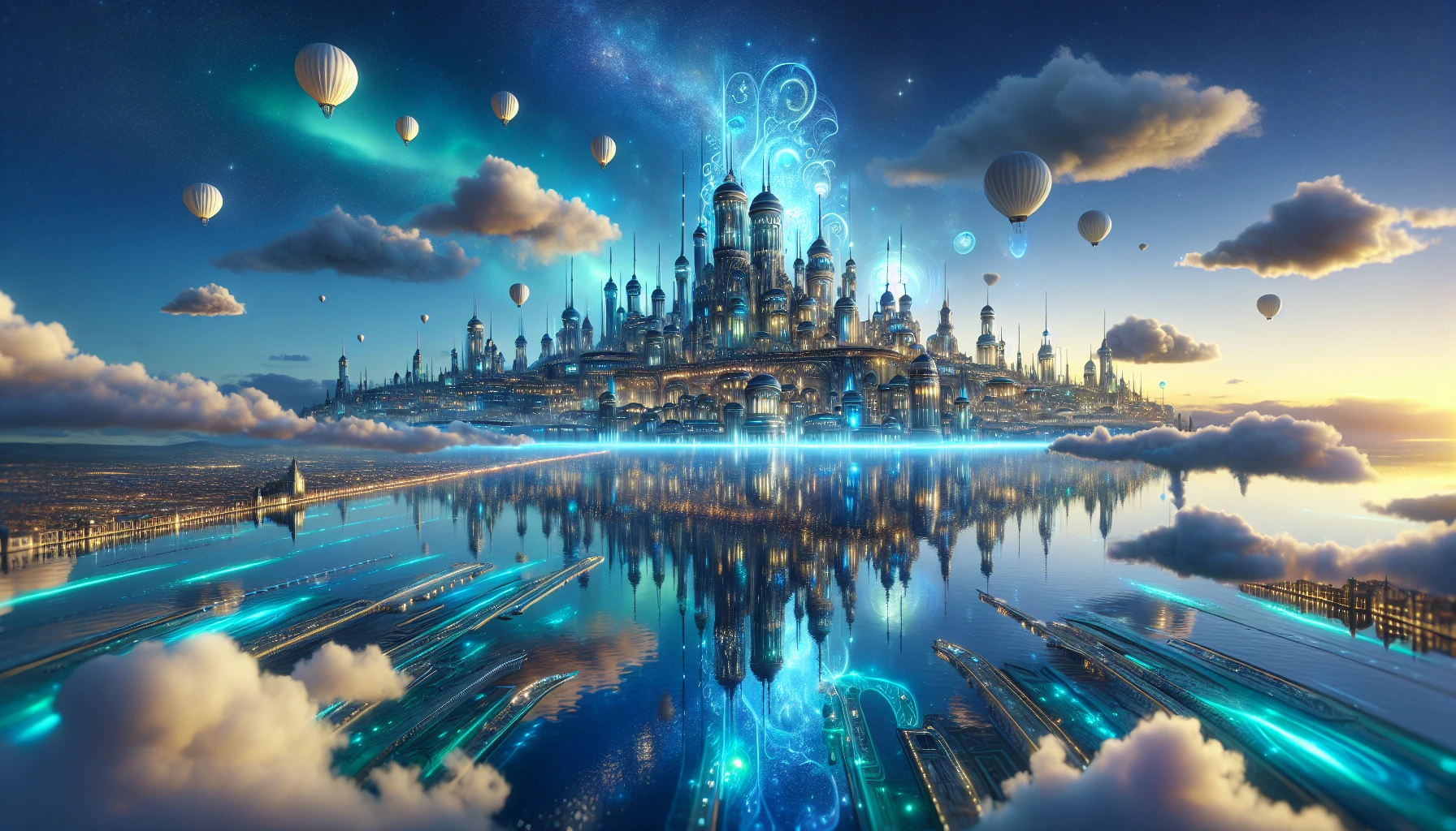 Imagine a breathtaking floating city, its intricate architecture suspended above a shimmering, glowing sea. The buildings are adorned with bioluminescent vines, casting a soft, enchanting light. Below, the water sparkles in vibrant hues of blue and green, reflecting the city’s brilliance. Wispy clouds drift lazily by, while airships sail through the twilight sky, adding a sense of wonder to this surreal, dreamy landscape.