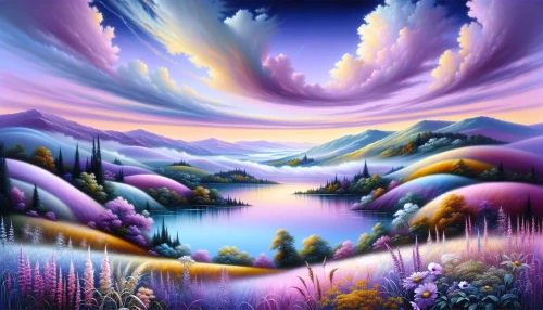 Capture a serene landscape where rolling hills blend seamlessly into a twilight sky, painted in soft pastels—lavenders, pinks, and gentle blues. Wispy clouds drift lazily above a shimmering lake that reflects the enchanting colors. A hint of wildflowers in the foreground adds splashes of vibrant yellows and purples. The scene invites viewers to wander through this tranquil dreamscape, where nature’s beauty is both whimsical and soothing.