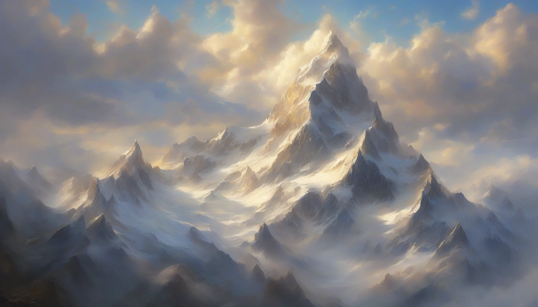 Imagine a breathtaking mountain peak that pierces through a sea of soft, fluffy clouds, with sunlight cascading over its jagged edges. The peak, rugged and majestic, is adorned with patches of glimmering snow, reflecting the golden light. Below, the clouds swirl like a gentle ocean, creating a dreamy atmosphere where the sky kisses the earth, inviting viewers into a serene, otherworldly escape.