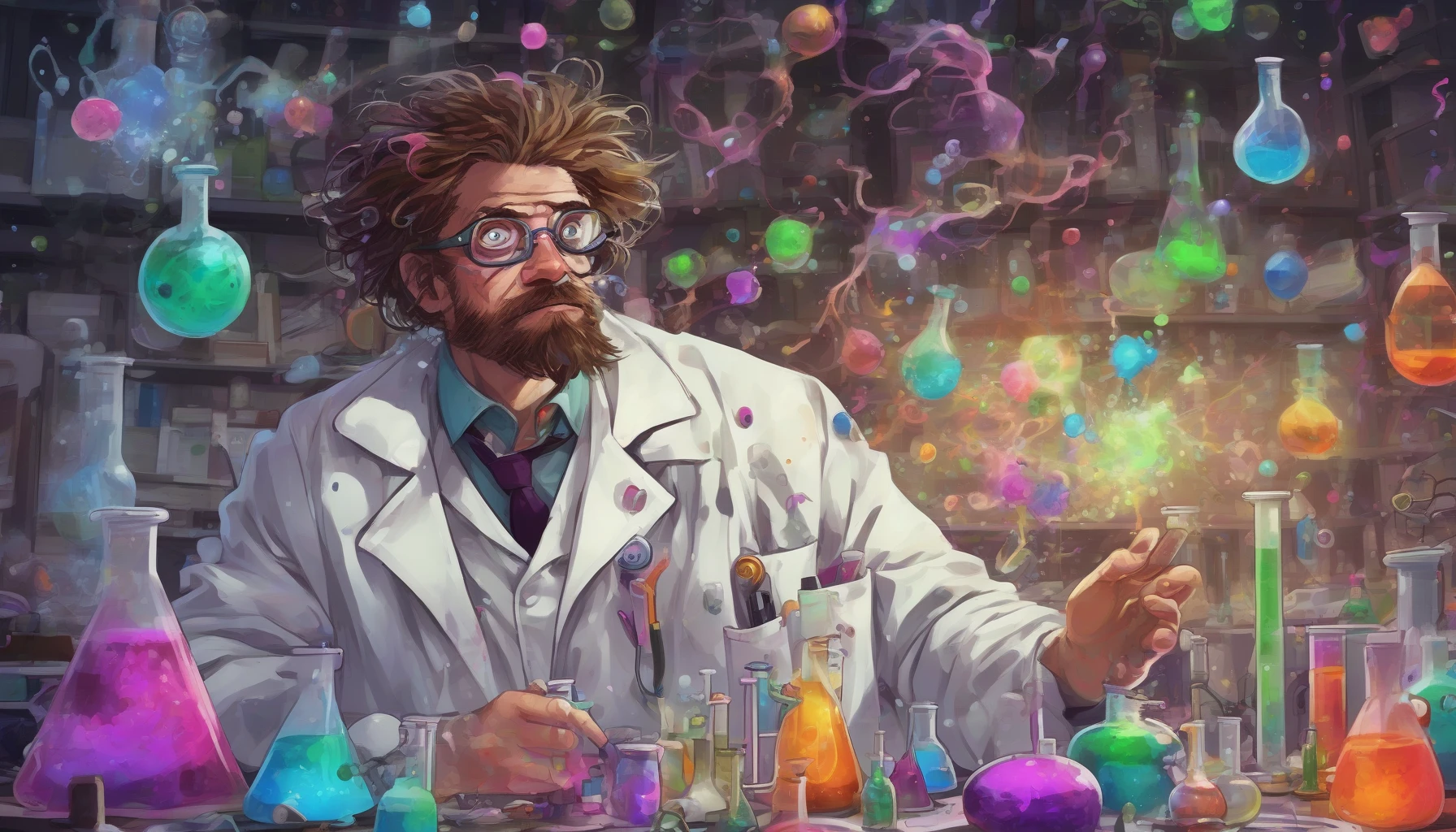 A chaotic laboratory scene featuring a genius scientist with wild, unkempt hair and oversized goggles. Papers and beakers filled with colorful experiments scatter across the cluttered workspace, while a glowing potion bubbles ominously in the background. The scientist, wearing a white lab coat stained with splashes of mysterious substances, exudes an air of eccentric creativity, caught mid-thought, embodying the spirit of mad innovation.